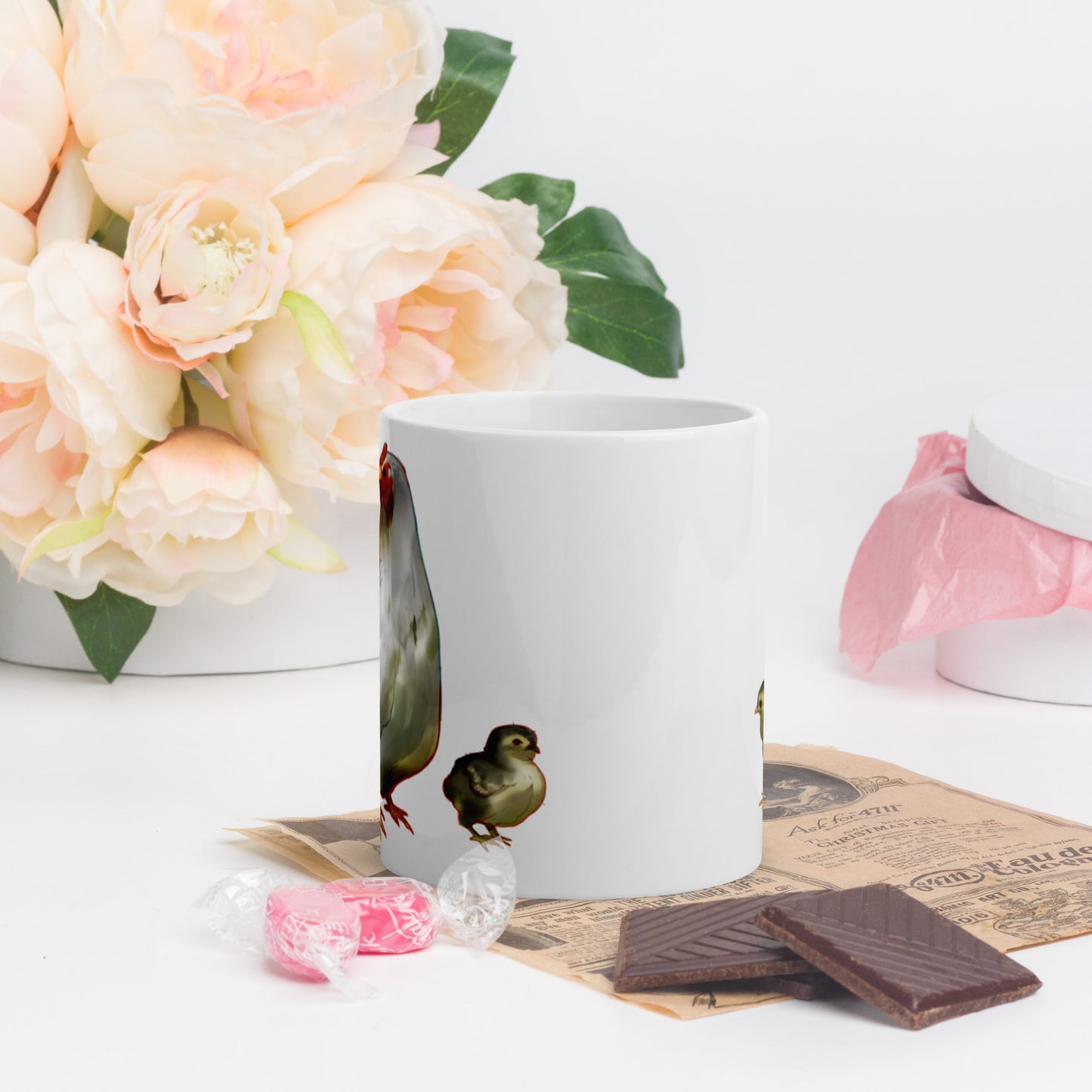 Hen and Chicks White Mug