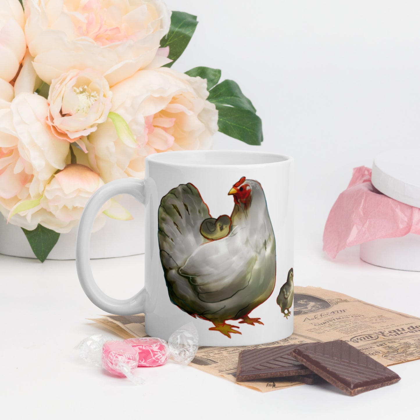 Hen and Chicks White Mug